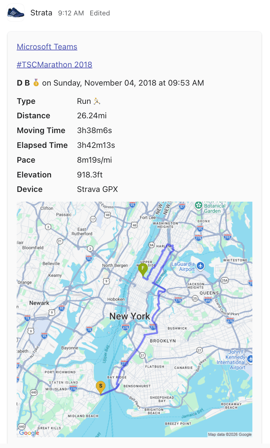 Strata posting a Strava activity to a Teams channel