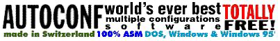 Autoconf banner advertising multiple configurations, assembly code, DOS, Windows 95, and freeware