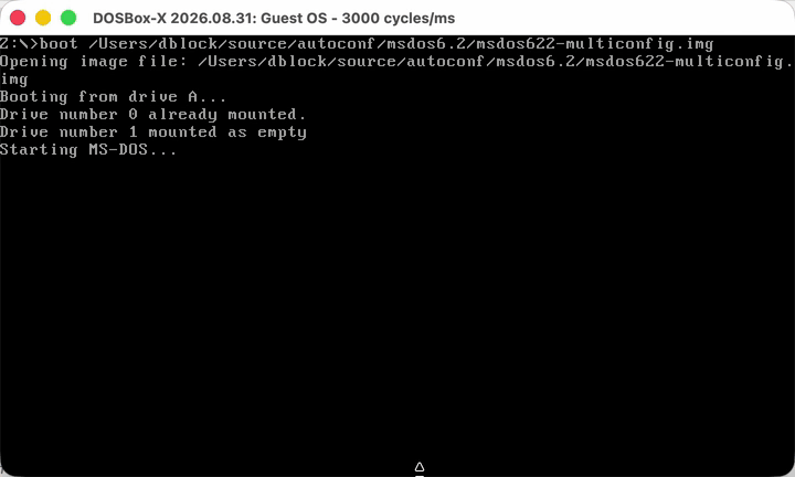 MS-DOS 6.22 selecting DOOM with its native multiple-configuration menu