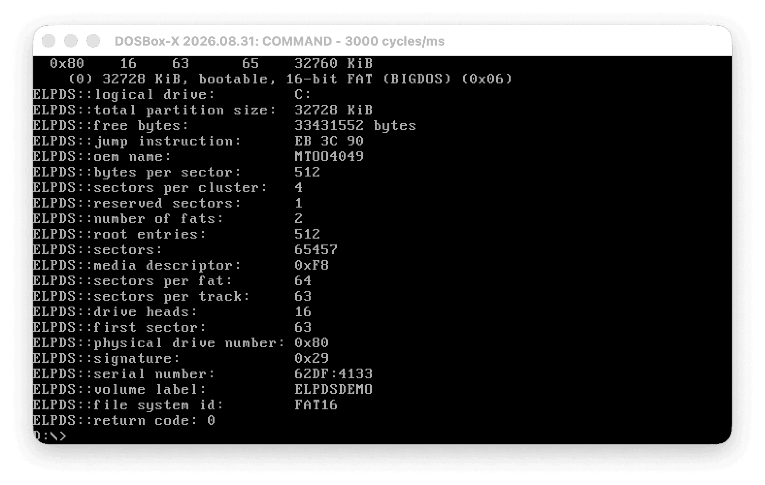 ELPDS inspecting a FAT16 demo disk in DOSBox-X
